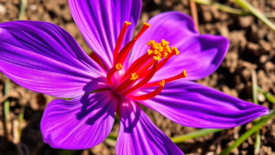 Vibrant saffron flower close-up highlighting red stigmas.