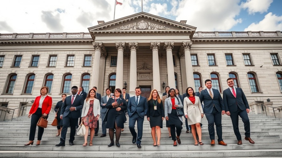 Diverse professionals confidently walk at historic building.