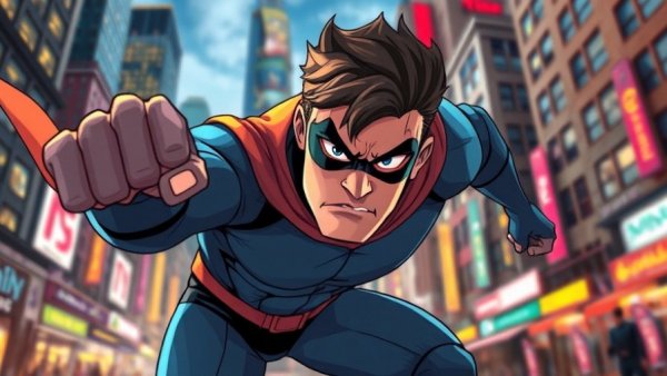 Animated superhero focused intensely in a cityscape.
