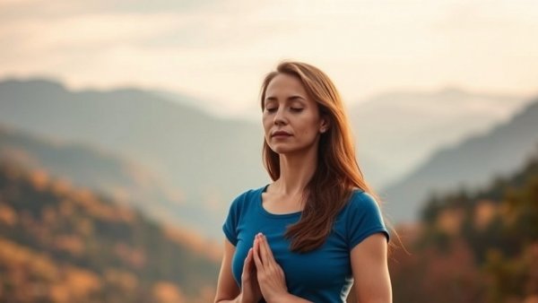 Meditation for pain management session promotion with tranquil mountain scene.