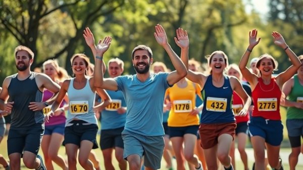 Group of runners cheering outdoors, vibrant and energetic unity.