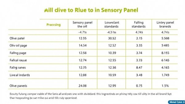 Table showing sensory panel results for olive oil brands and failing standards.