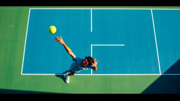 Tennis player serving with focus and energy on court.