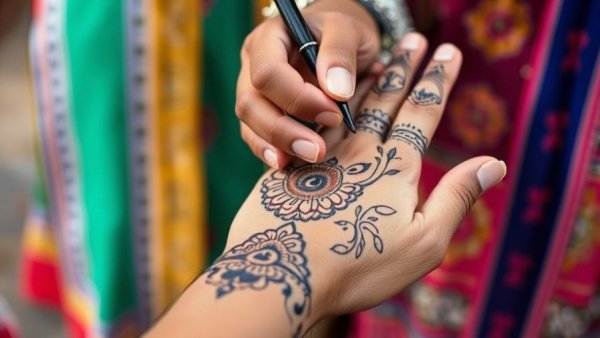 Intricate henna design application on hand in nature, showcasing mindfulness.