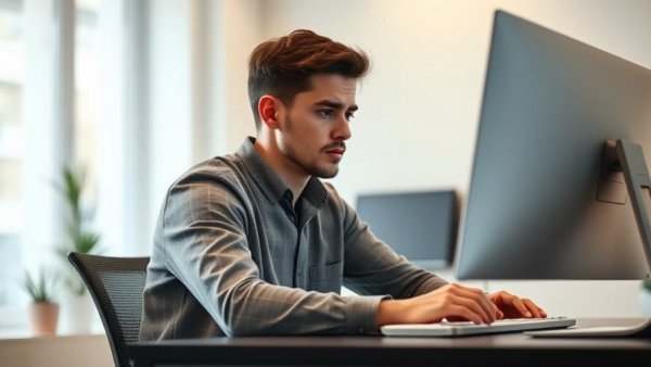 Young man experiencing digital fatigue in a modern workspace.