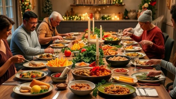 Mindful holiday dining with diverse, festive dinner setup.