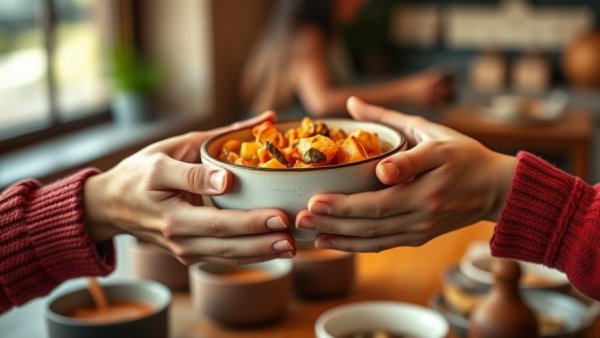 Warm exchange of food between hands shows daily gratitude practices.