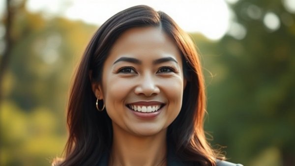 Smiling professional woman outdoors with nature background.