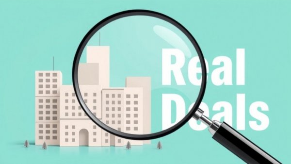 Illustration with paper buildings, magnifying glass, and 'Real Deals' text for Fayetteville commercial real estate.