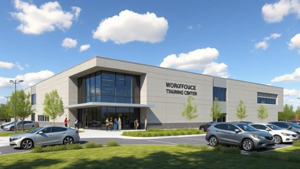 Modern workforce training center exterior with people and cars, clear sky.
