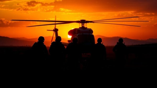 Silhouetted soldiers by a helicopter at sunset, representing veteran community themes.