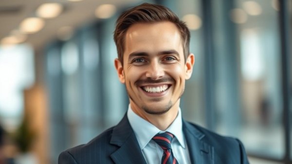 Smiling businessman in a suit with corporate background, USA Truck growth challenges