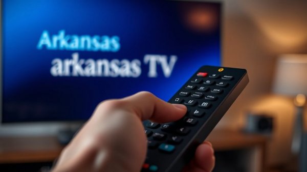 Hand holding remote near TV with 'Arkansas TV' text. Keep PBS programs in Arkansas.