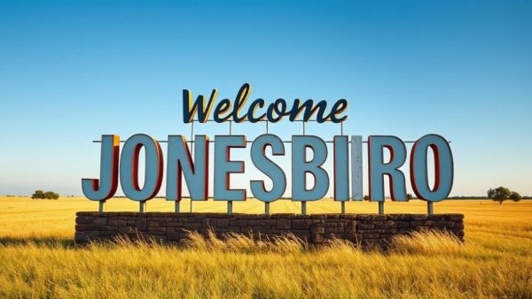Jonesboro city entrance sign under clear blue sky, highlighting flood mitigation funding topic.