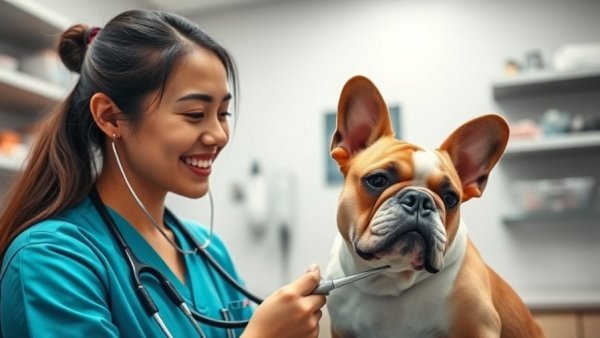 Veterinarian examining a French bulldog in a clinic.
