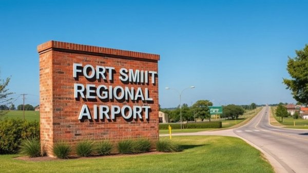 Fort Smith Regional Airport entrance sign with greenery.