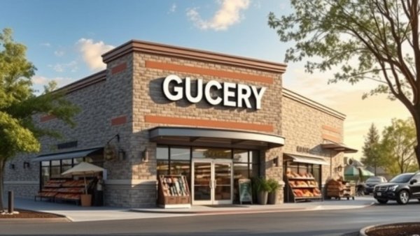 Modern grocery store entrance, clear sky, stone facade.