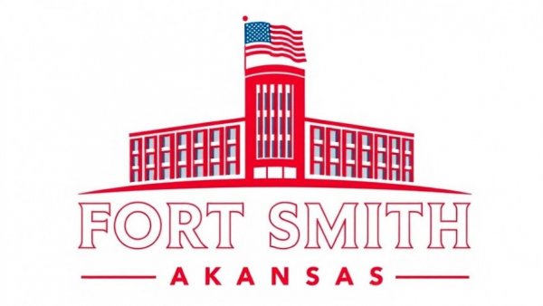 Official Fort Smith city logo, stylized building with flag.