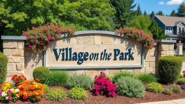 Benton County retirement communities stone sign with flowers