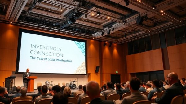 Speaker discussing social infrastructure importance at a modern conference.