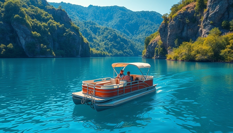 Pontoon boat on blue lake with lush trees and rocky cliffs, enjoying outdoor activities.