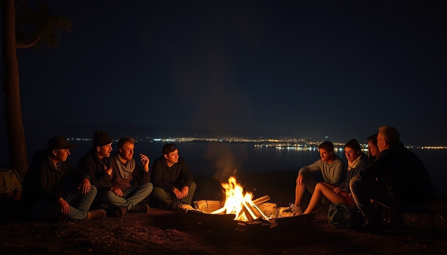 Overnight hikers in Arkansas around a campfire.