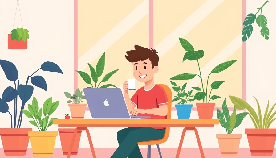 Illustration of desk setup with plants showing desk meditation benefits.