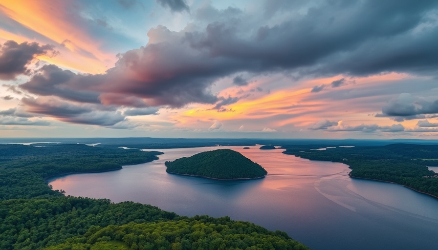 Aerial view of lake and forest under dramatic sky, free outdoor activities.