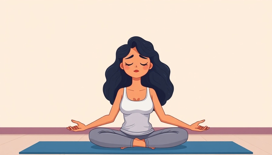 Calm woman cartoon meditating for mental well being.