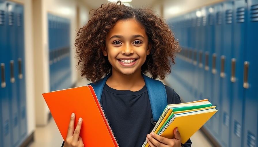 Girl at school smiling with notebooks, related to Girlology puberty session Arkansas.