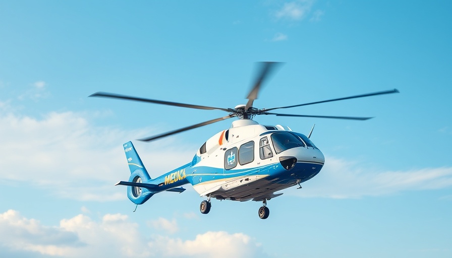 Medical helicopter mid-flight in clear sky, symbolizing emergencies.