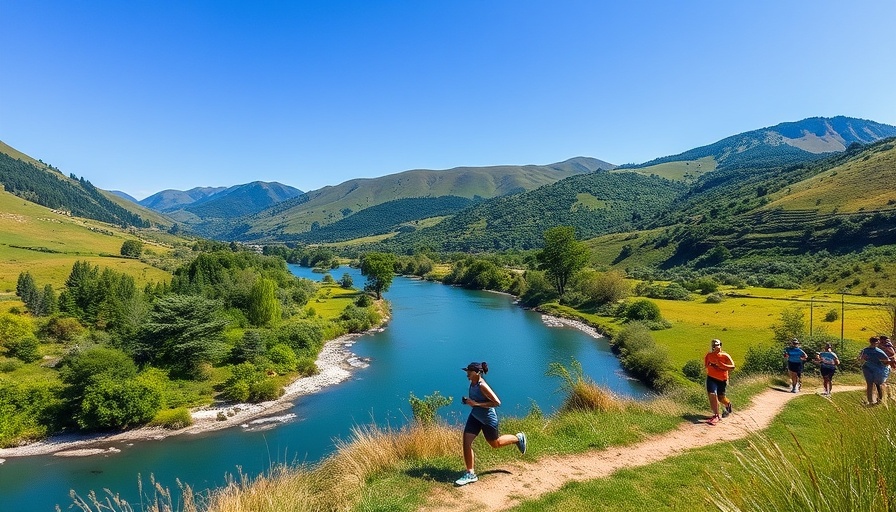 River valley fitness scene with joggers and lush greenery.