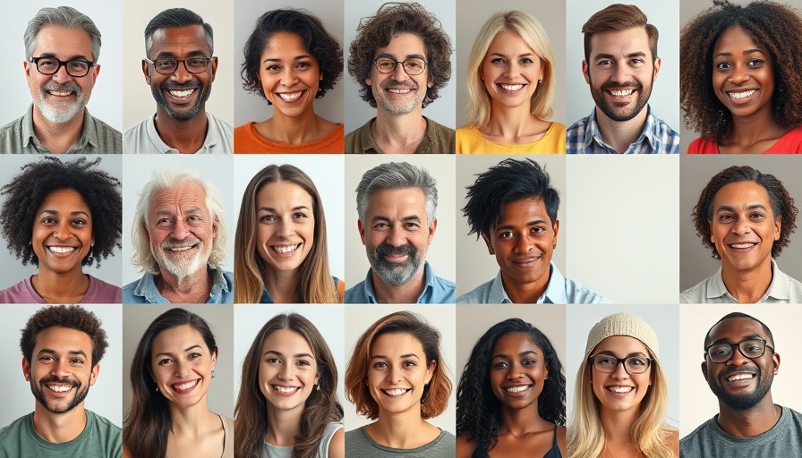 Group of diverse smiling individuals in casual portraits.