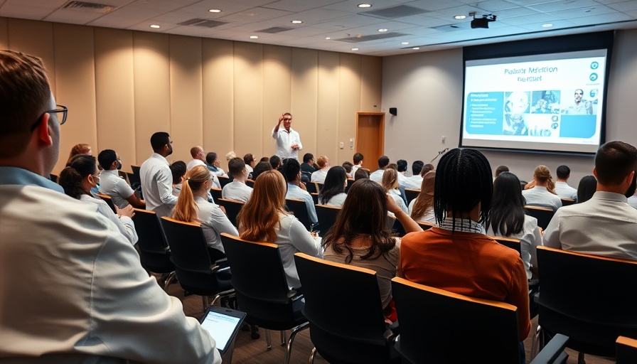 Lecture hall scene during spinal neurosurgery lecture with students.