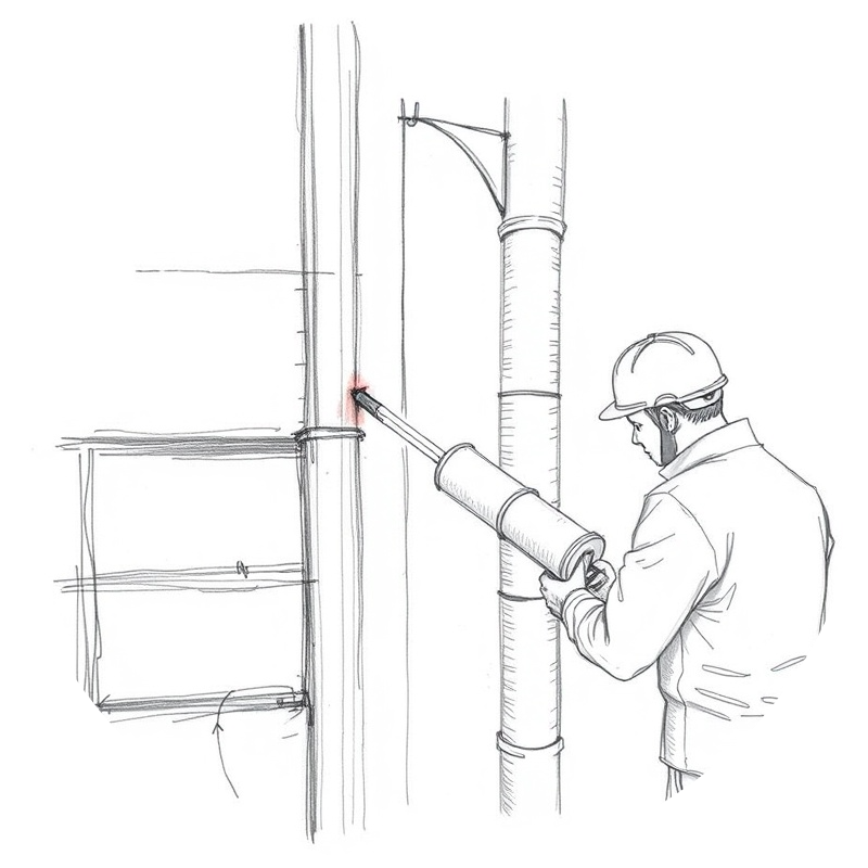 Pencil drawing of exterior caulking, waterproofing, and building inspection.