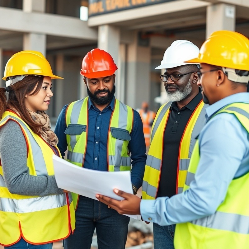 functional construction support gear, robust, worn by workers, photorealistic, locker room with safety vests and helmets, highly detailed, open locker doors and hanging gear, high resolution, earthy tones, soft ambient light, shot with a 28mm wide-angle lens