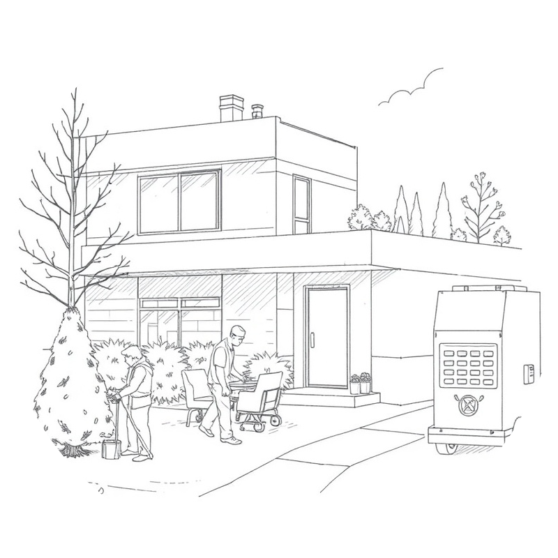 Pencil drawing of janitorial services like landscaping, snow removal, and HVAC maintenance.