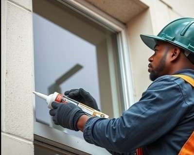 Professional African American contractor applying caulk and weatherstripping around windows.