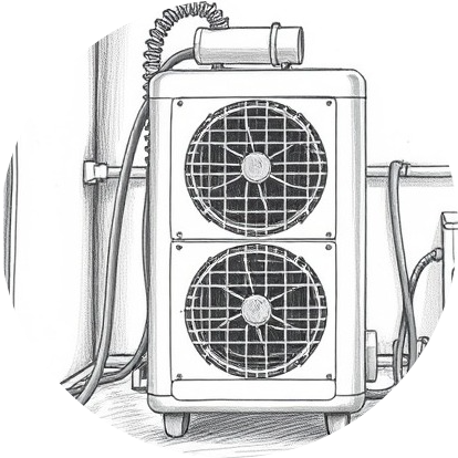 Pencil drawing of dehumidifier and air mover equipment for water damage restoration.