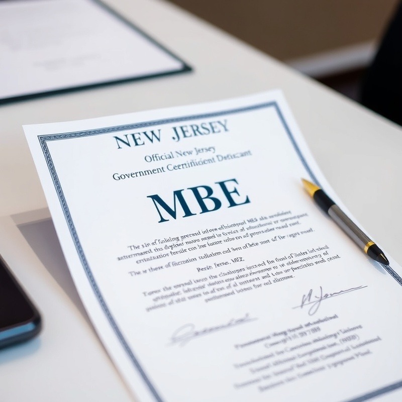 Official New Jersey  AAA Quality Maintenance Corporation MBE certification document on a clean desk, professional setting