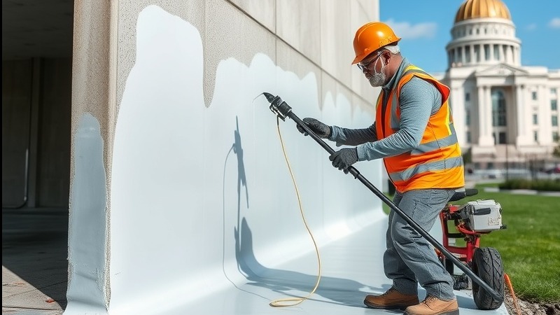 Professional waterproofing technician applying liquid membrane on building foundation