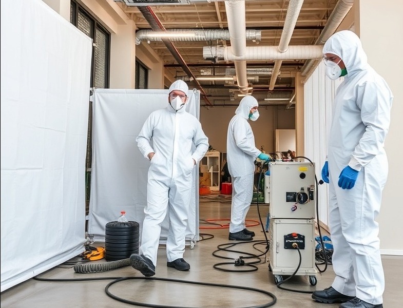 More Professional remediation technicians setting up HEPA air scrubbers in a commercial building.