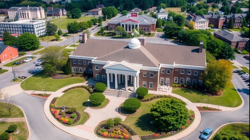 Aerial view of a New Jersey municipal building with pristine landscaping.
