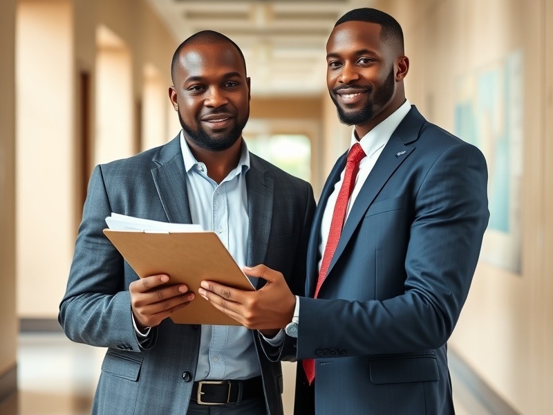 Kevin Chambres President and Jerome Williams Director of Government Procurement, AAA Quality Maintenance Corporation environmental consultant reviewing documents in a hallway.