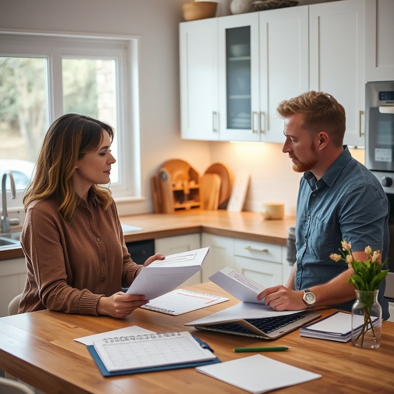 Couple discussing systematic maintenance schedule at kitchen table, warm lighting and planning tasks.