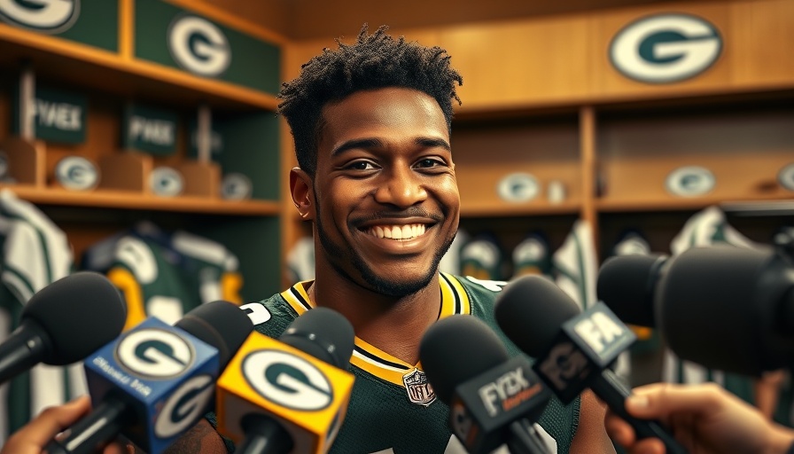 Athlete in Green Bay Packers locker room interview setting.