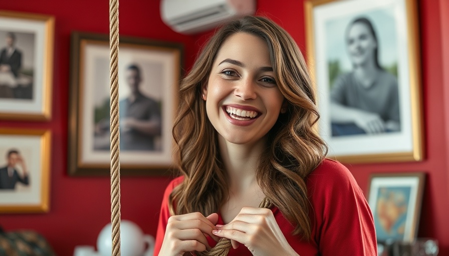 Cheerful woman in Wisconsin travel promotion, smiling indoors, red-walled room.