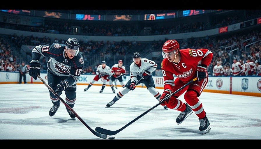Intense hockey game with players chasing the puck, vivid lighting.