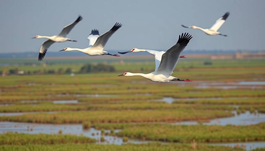 Whooping cranes soaring over marshland, related to avian flu study.