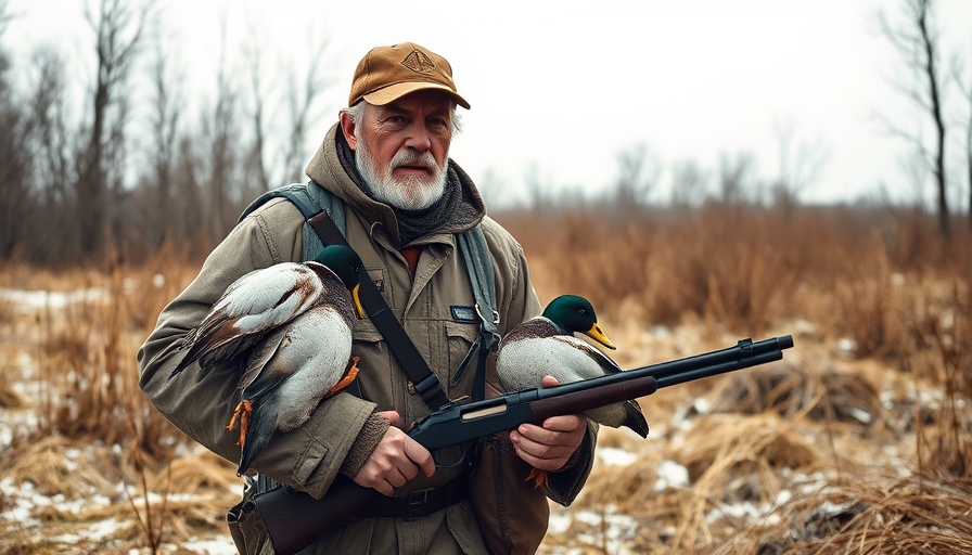 Man hunting in Wisconsin, carrying ducks and a rifle outdoors.